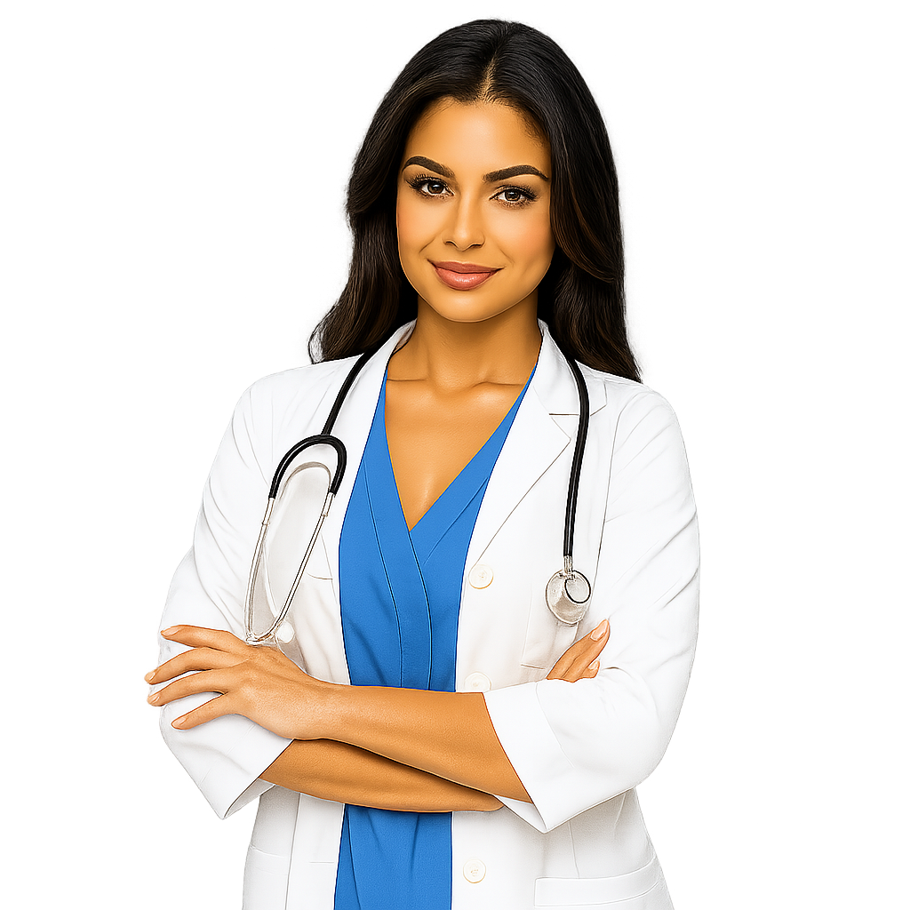 Professional female doctor in white coat with stethoscope